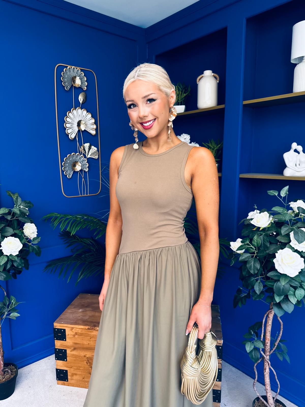 Tobi Sleeveless Detailed Midi Dress Khaki