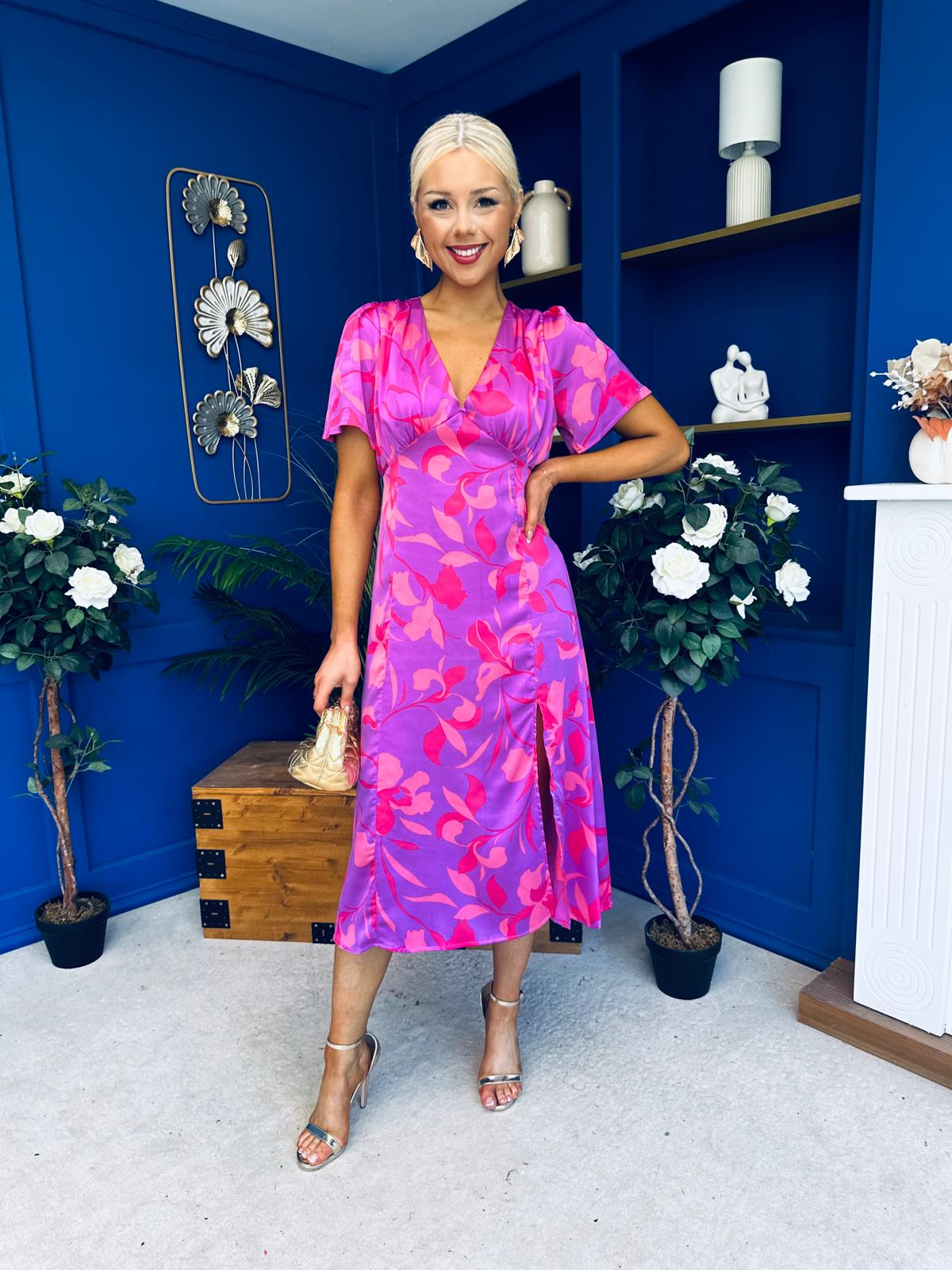 Farrah Detailed Midi Dress Floral Violet