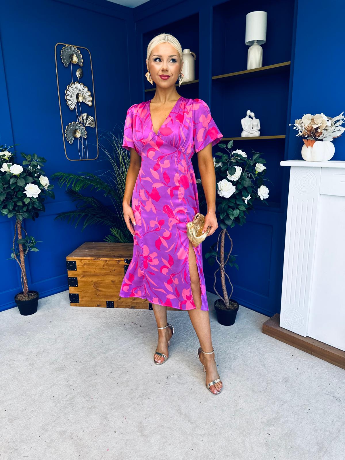 Farrah Detailed Midi Dress Floral Violet