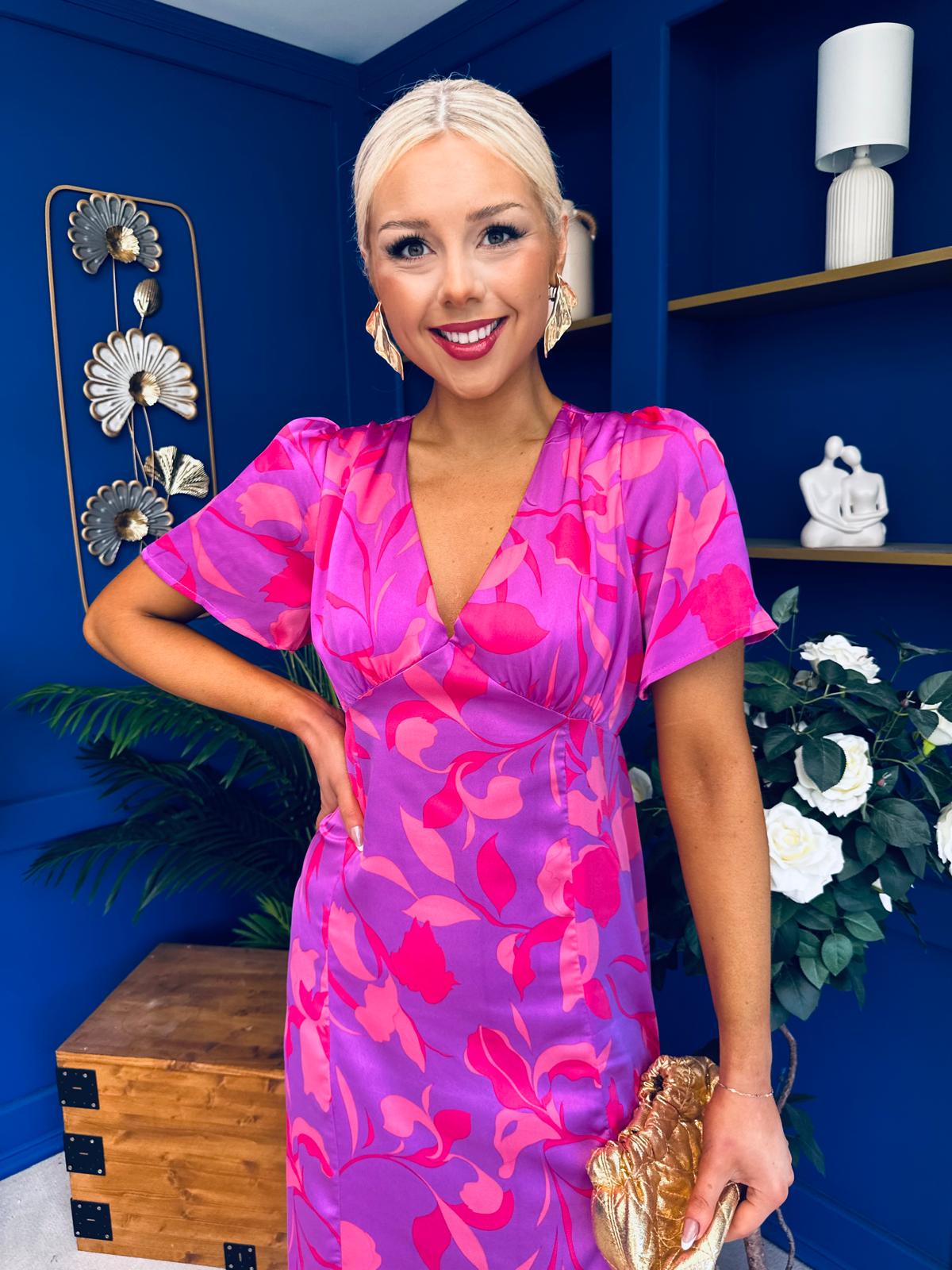 Farrah Detailed Midi Dress Floral Violet