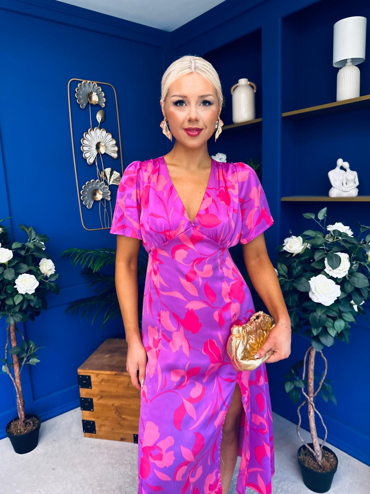 Farrah Detailed Midi Dress Floral Violet