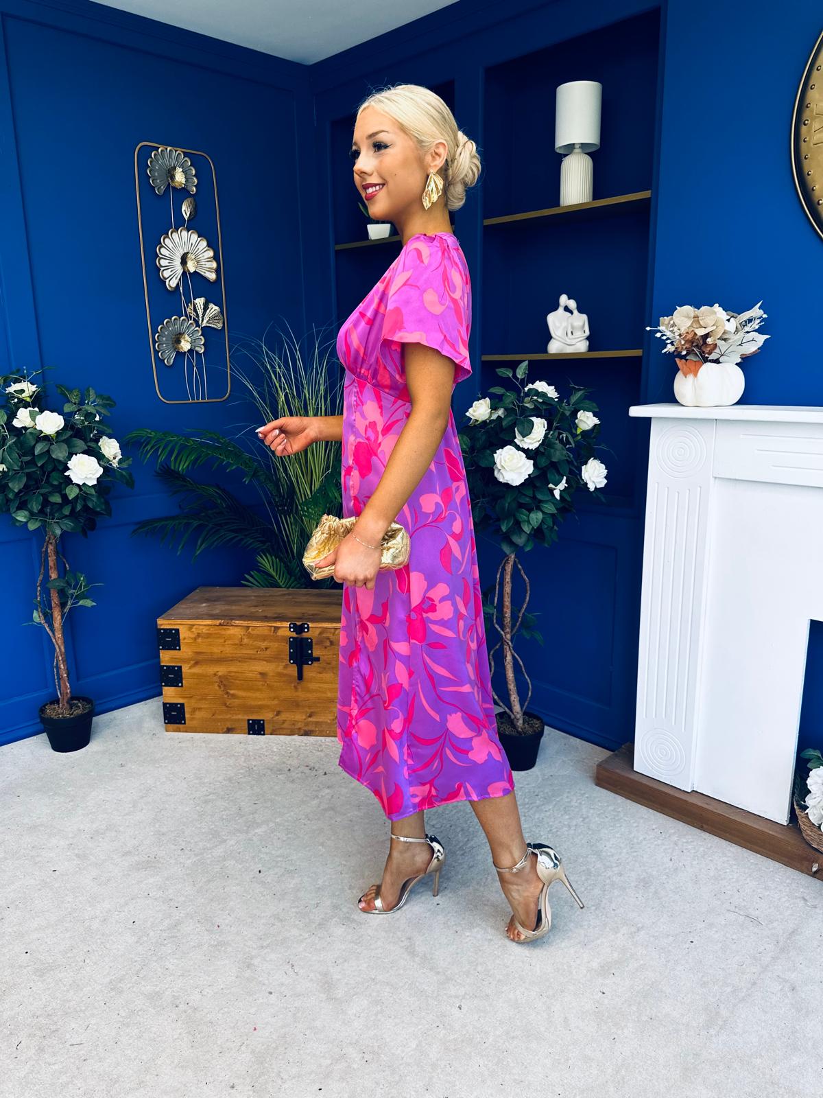 Farrah Detailed Midi Dress Floral Violet