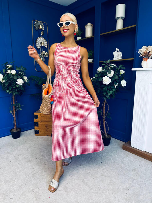 Fiona Sleeveless Midi Dress Check Red