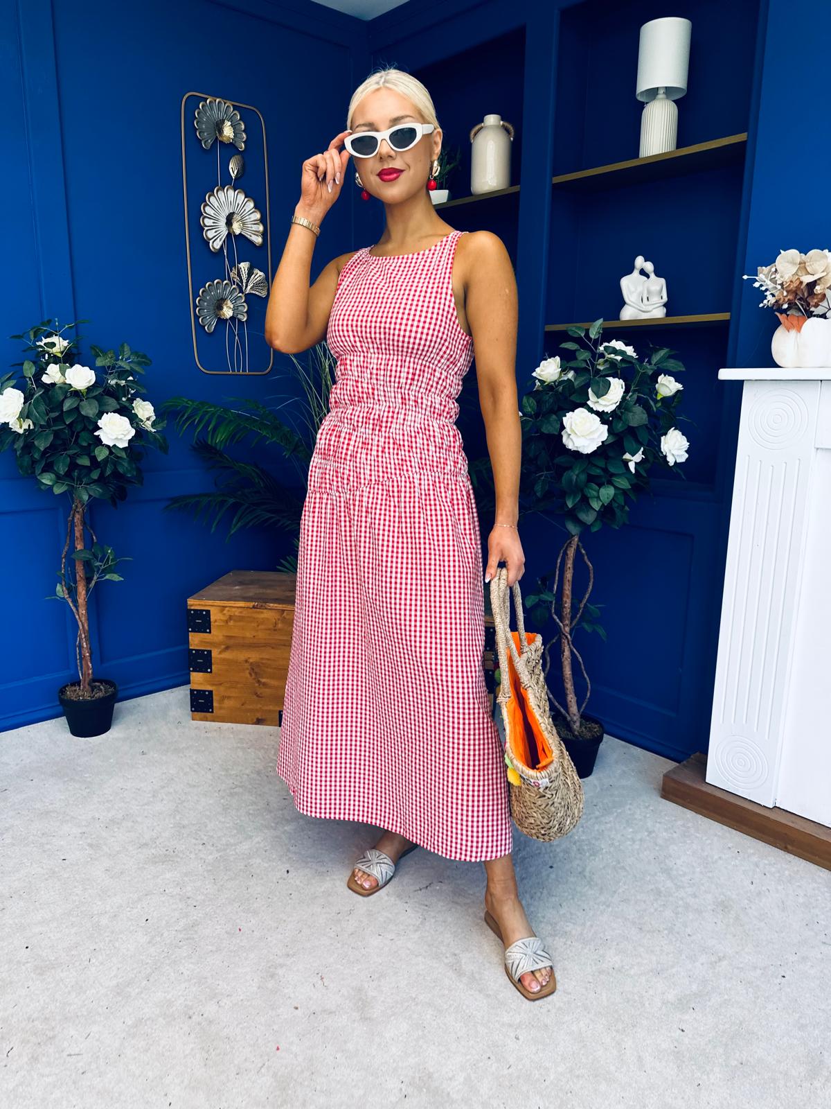 Fiona Sleeveless Midi Dress Check Red