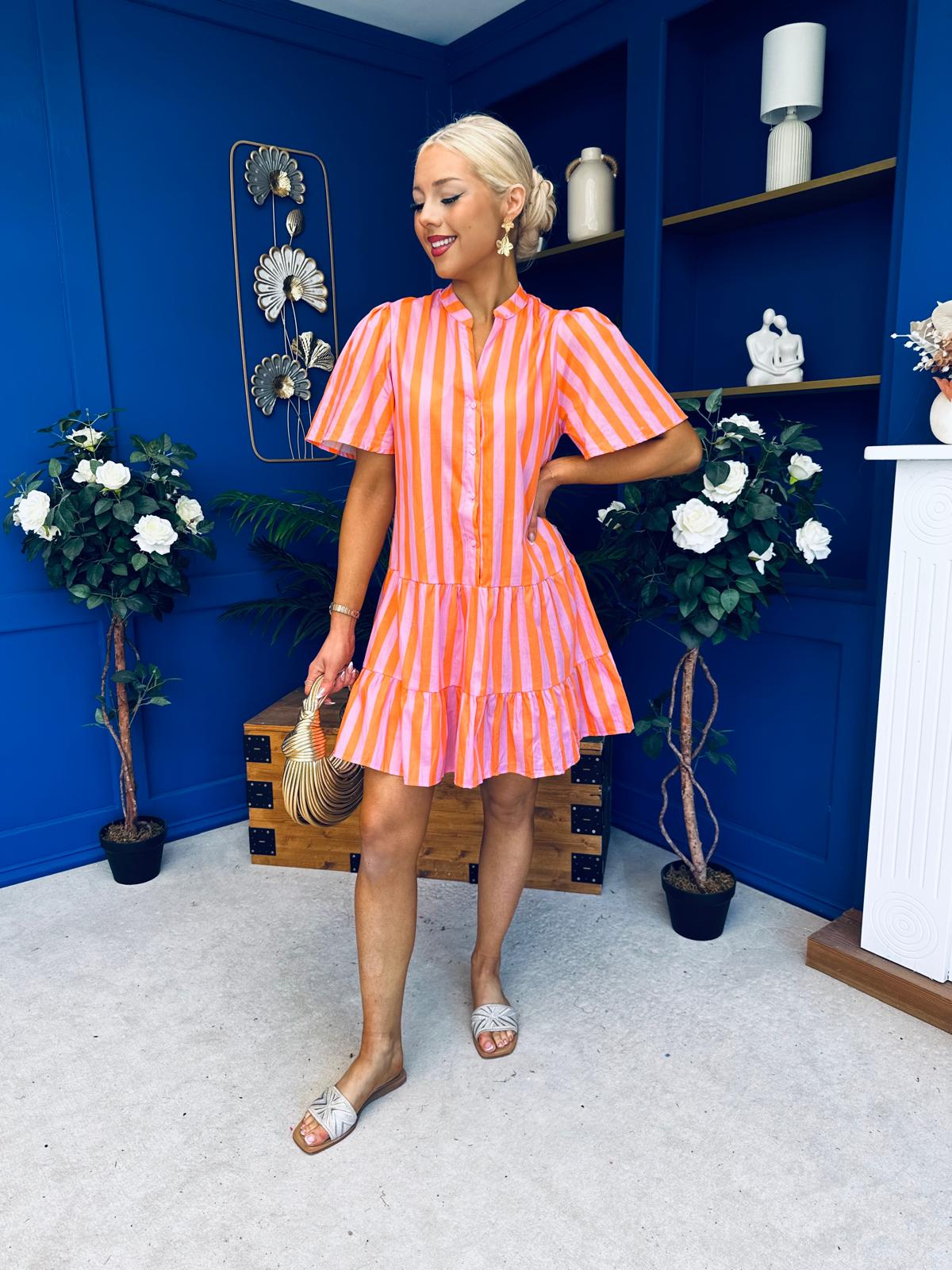 Stacey Striped Mini Shift Dress Pink Amber