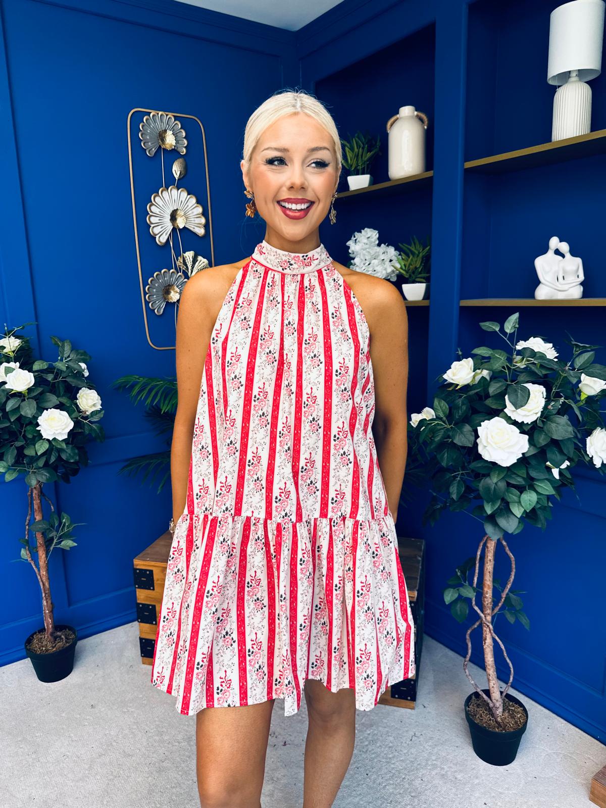 Joanna High Neck Mini Shift Dress Floral Rouge