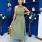 Denise High Neck Gathered Midi Dress Khaki