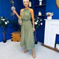 Denise High Neck Gathered Midi Dress Khaki