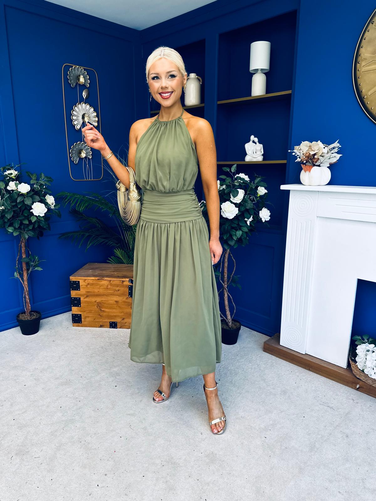 Denise High Neck Gathered Midi Dress Khaki