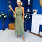 Denise High Neck Gathered Midi Dress Khaki