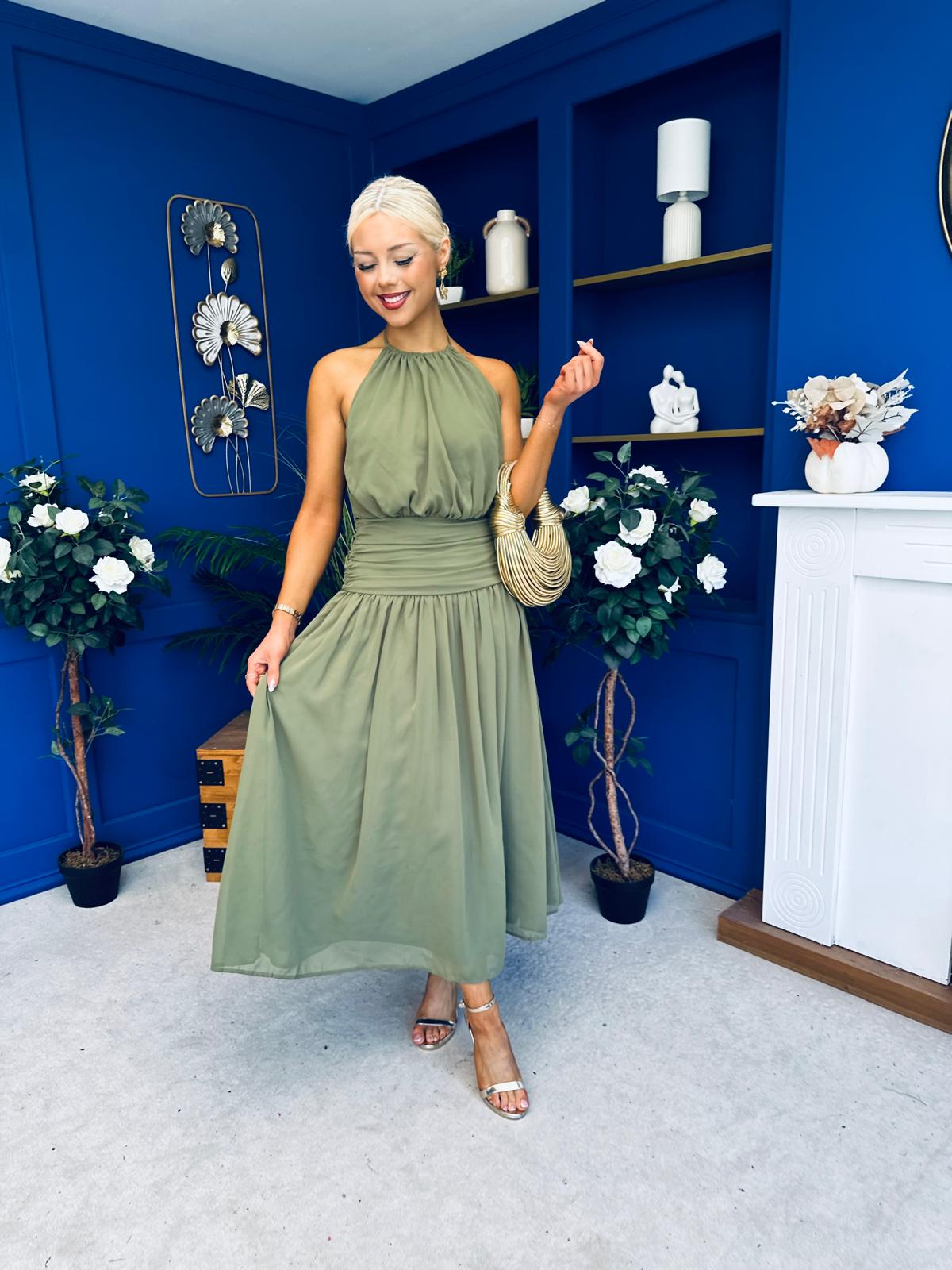 Denise High Neck Gathered Midi Dress Khaki