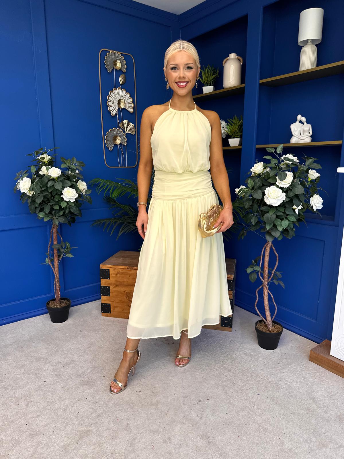 Denise High Neck Gathered Midi Dress Yellow