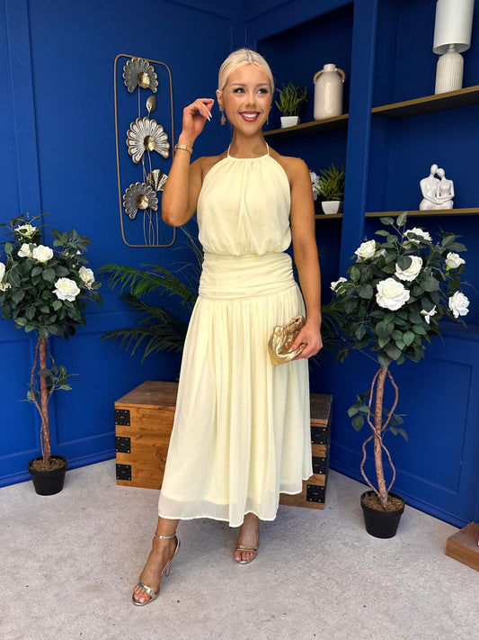 Denise High Neck Gathered Midi Dress Yellow
