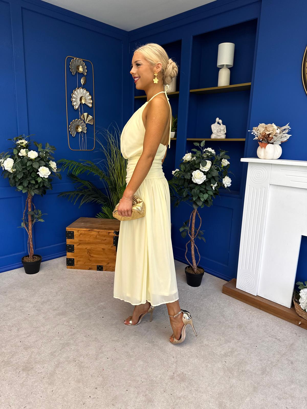 Denise High Neck Gathered Midi Dress Yellow