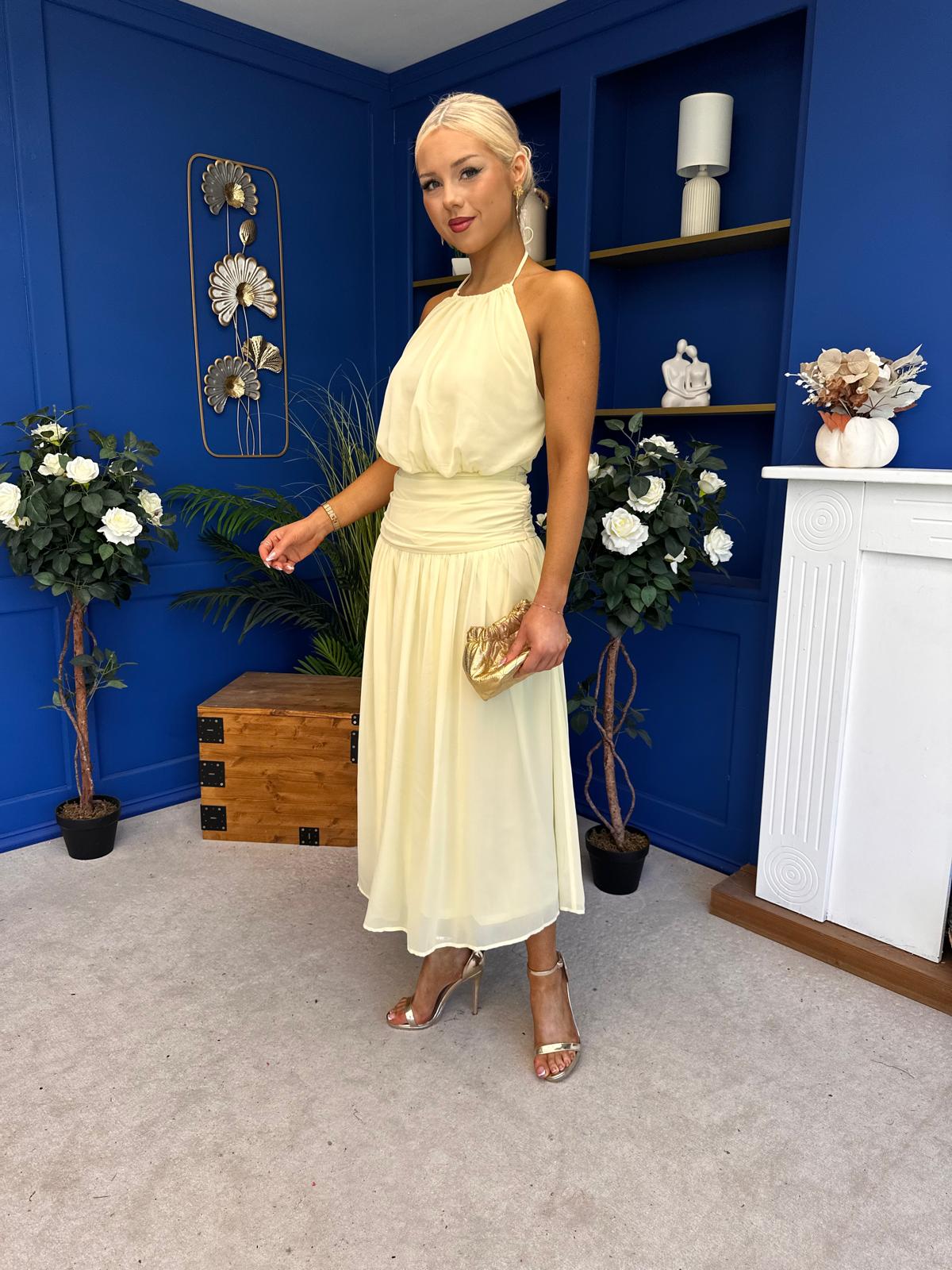 Denise High Neck Gathered Midi Dress Yellow