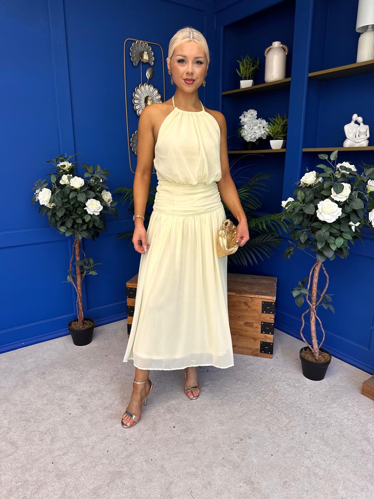 Denise High Neck Gathered Midi Dress Yellow