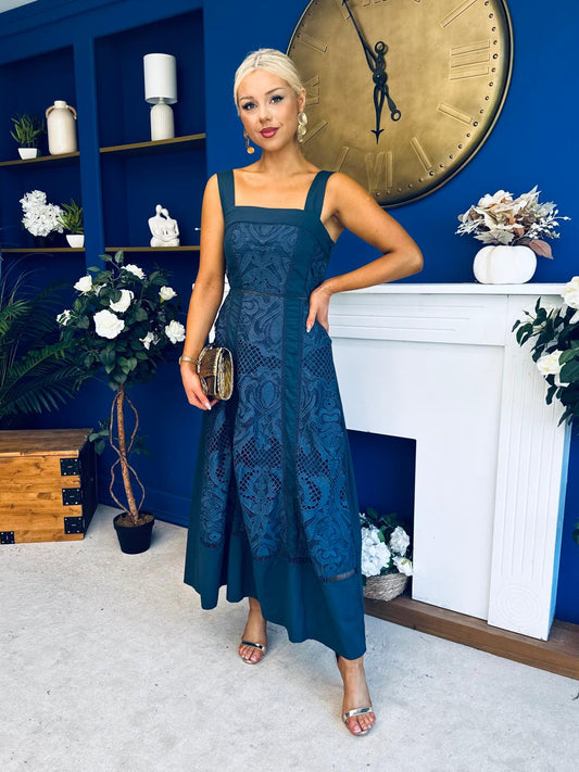 Maeve Crochet Detail Occasion Midi Dress Navy