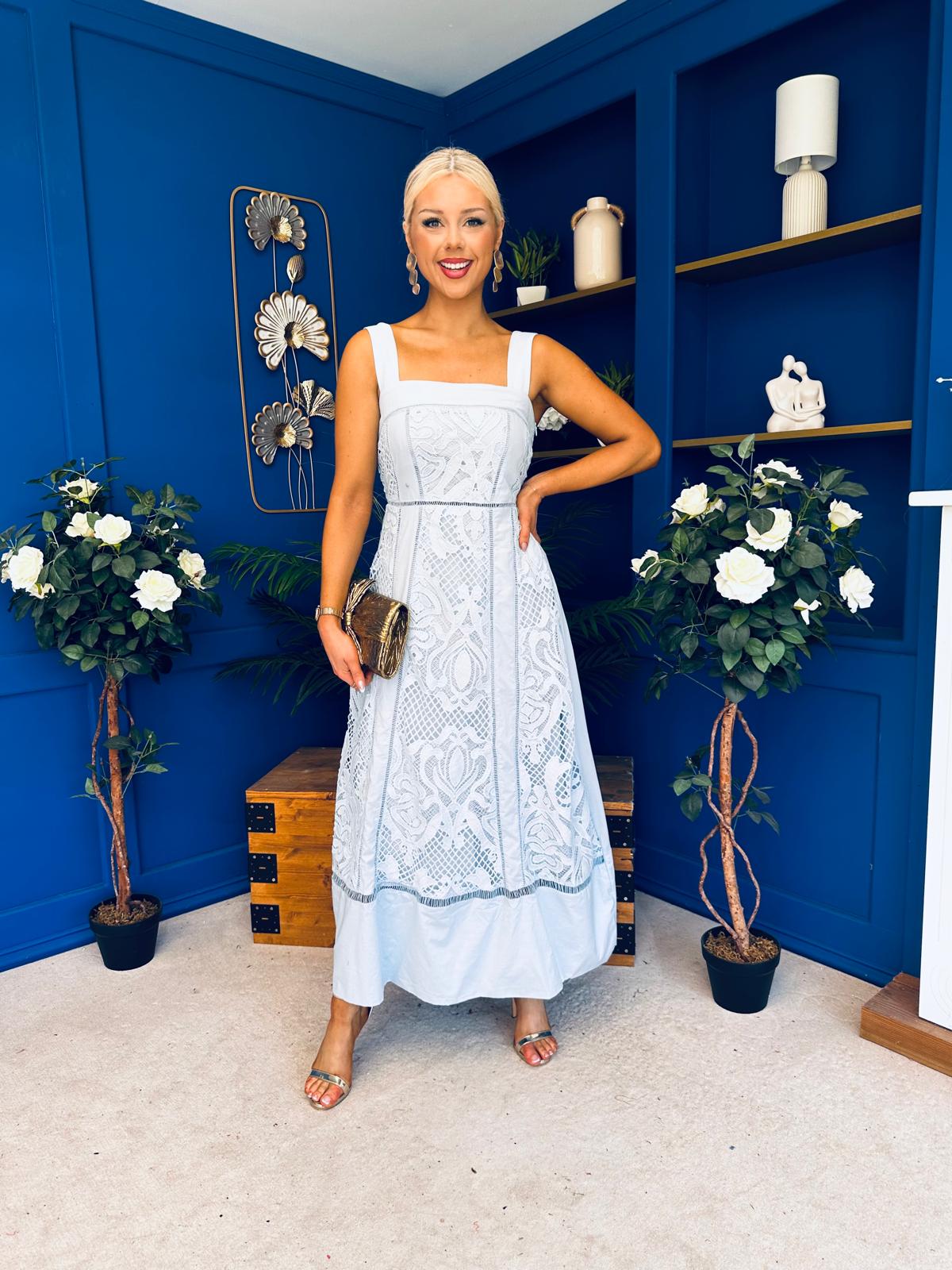 Maeve Crochet Detail Occasion Midi Dress Blue