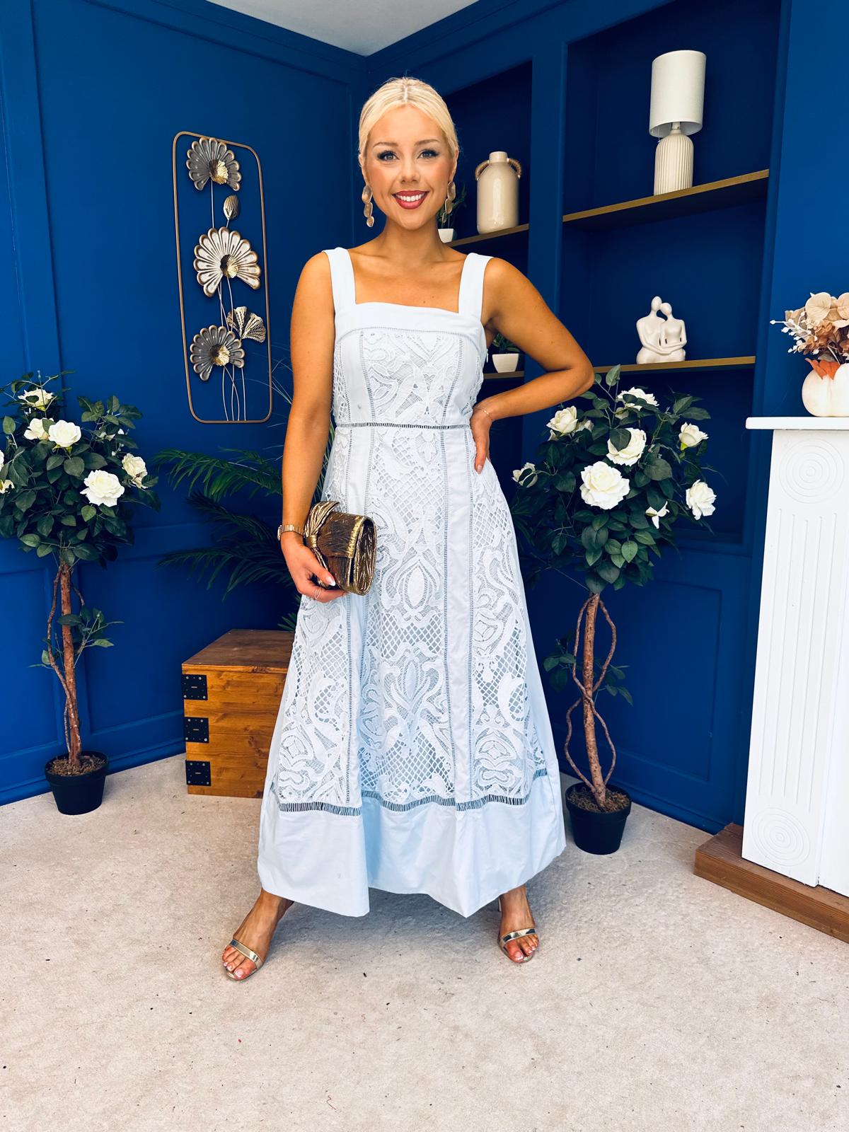 Maeve Crochet Detail Occasion Midi Dress Blue
