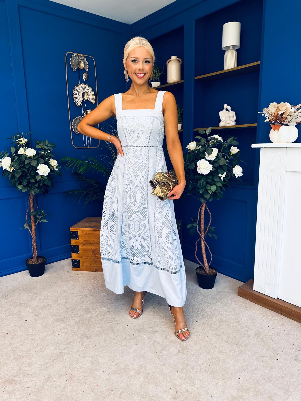 Maeve Crochet Detail Occasion Midi Dress Blue