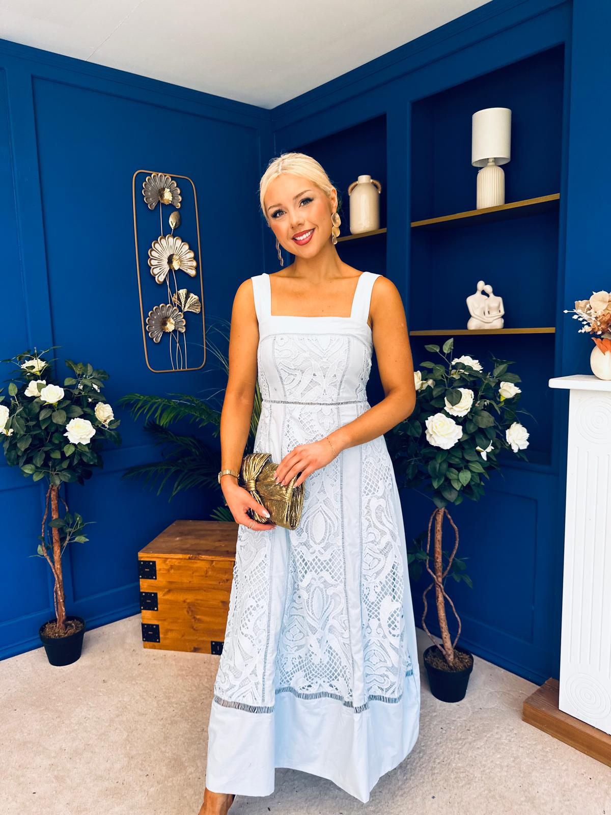 Maeve Crochet Detail Occasion Midi Dress Blue