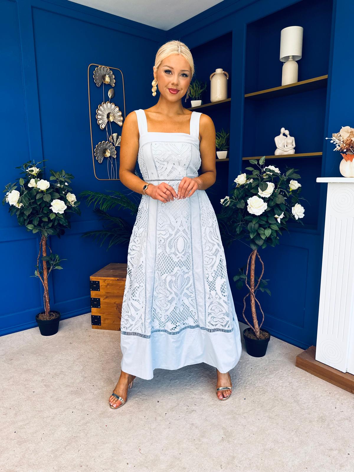 Maeve Crochet Detail Occasion Midi Dress Blue