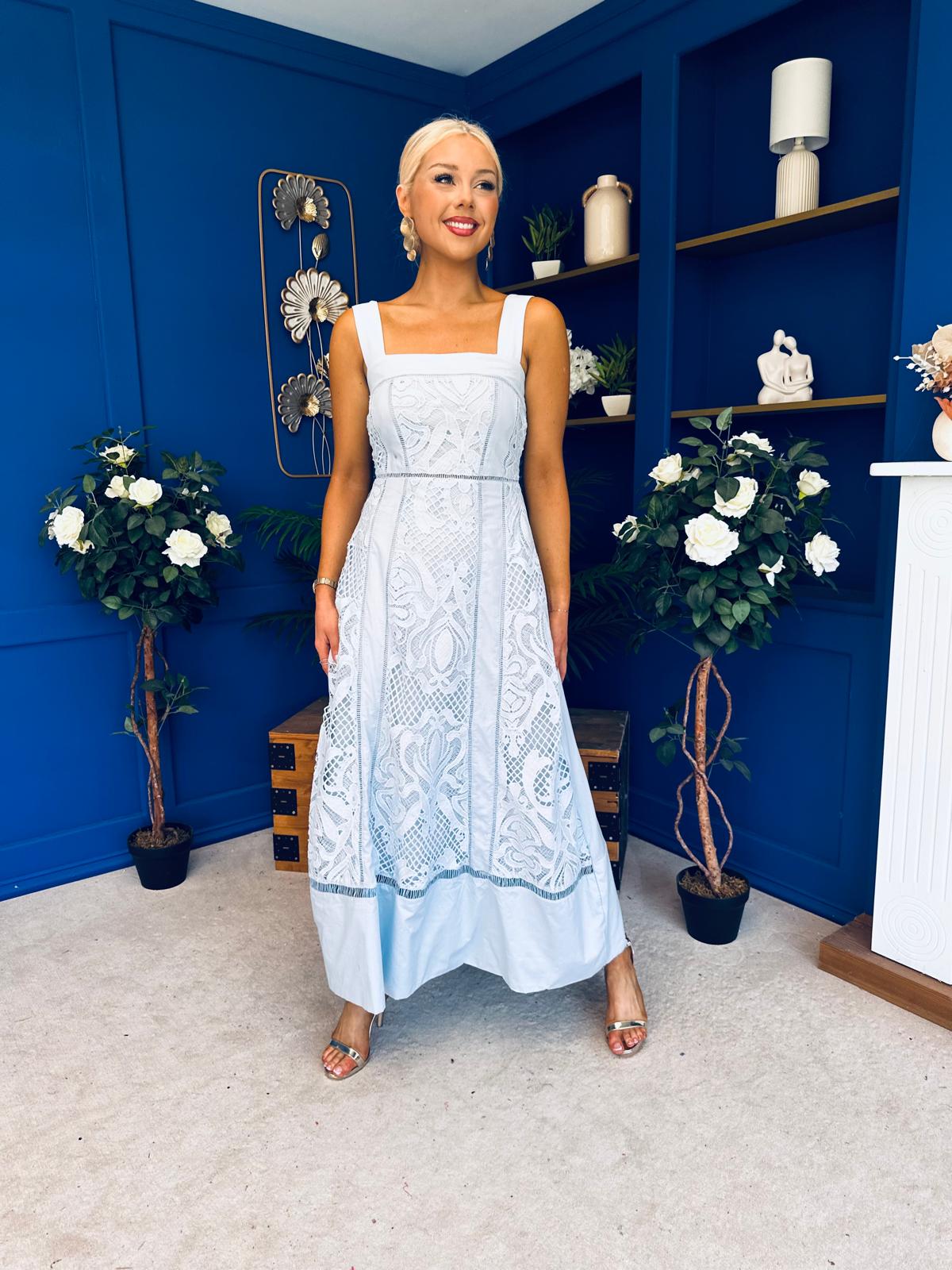 Maeve Crochet Detail Occasion Midi Dress Blue