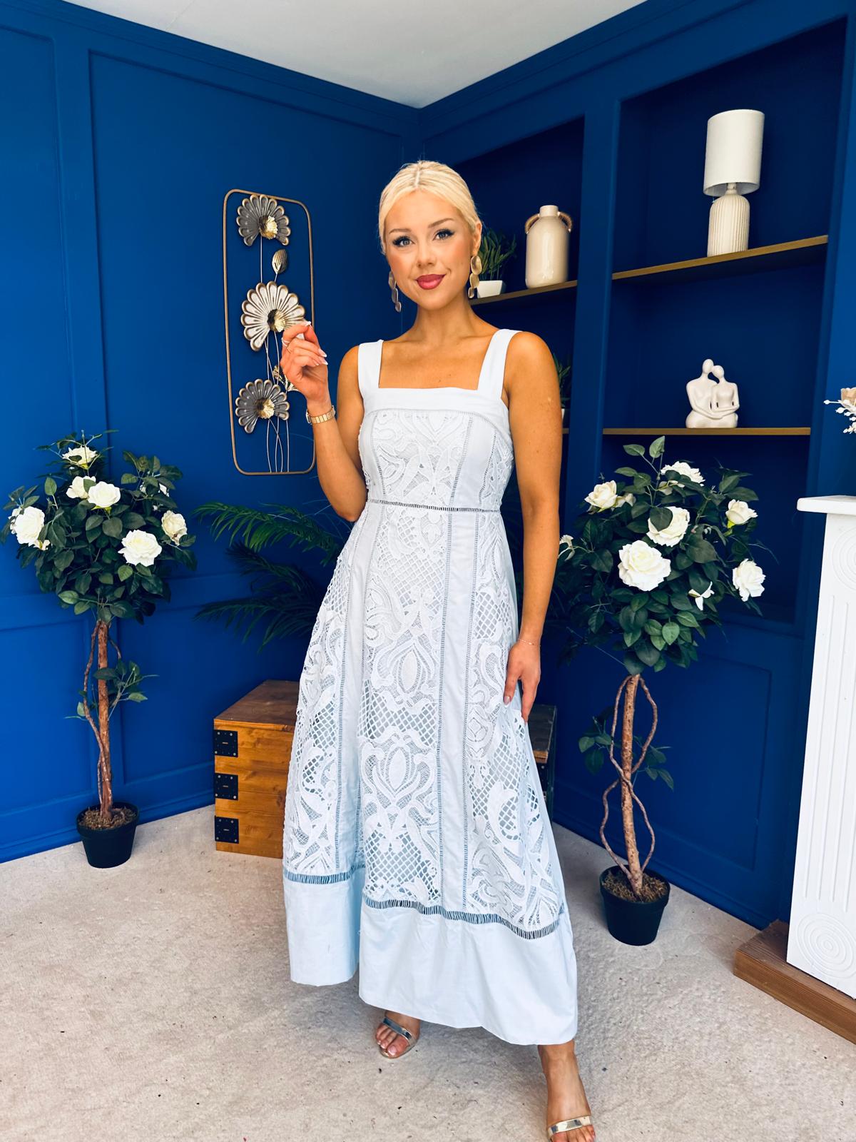 Maeve Crochet Detail Occasion Midi Dress Blue