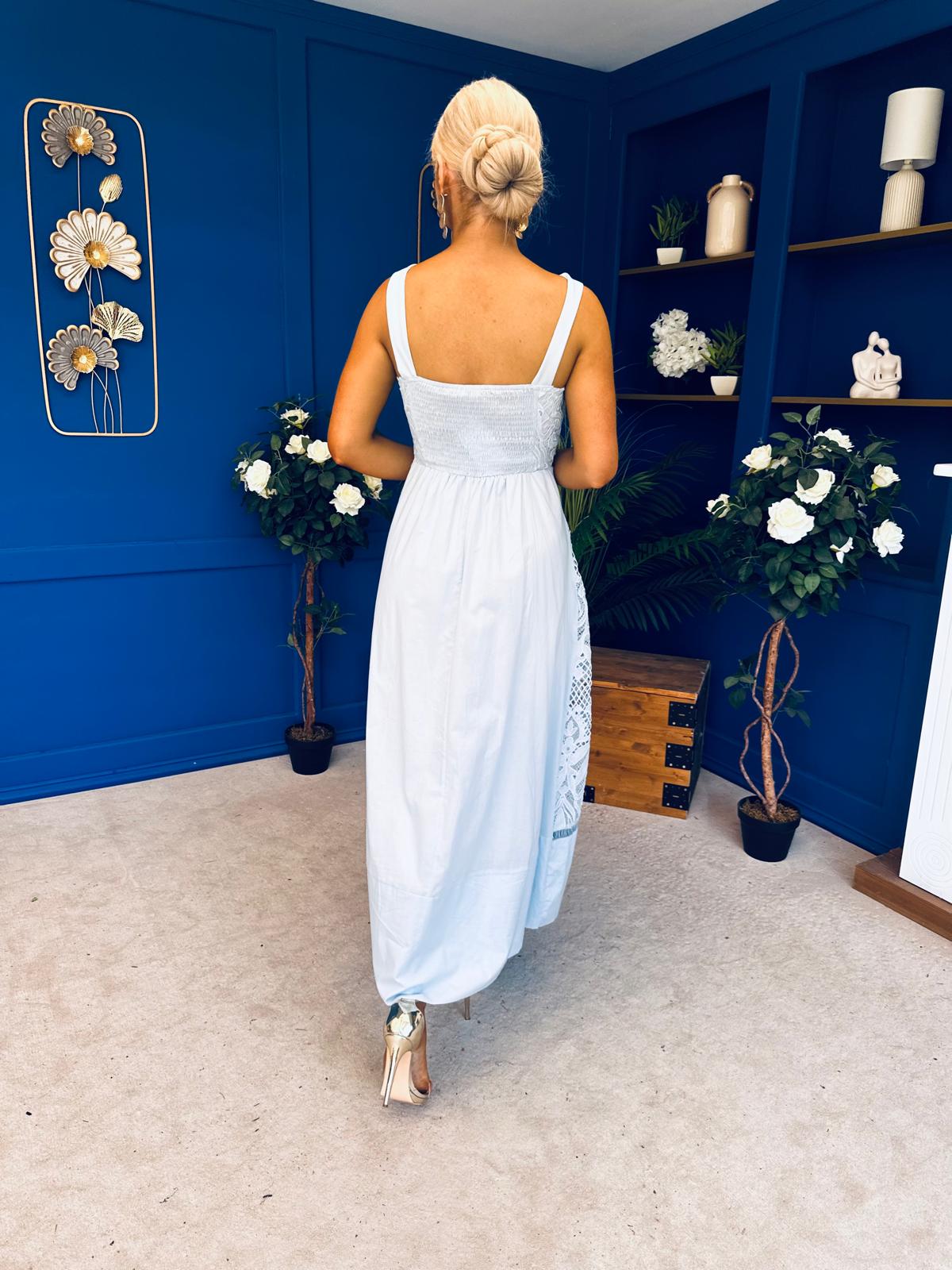 Maeve Crochet Detail Occasion Midi Dress Blue