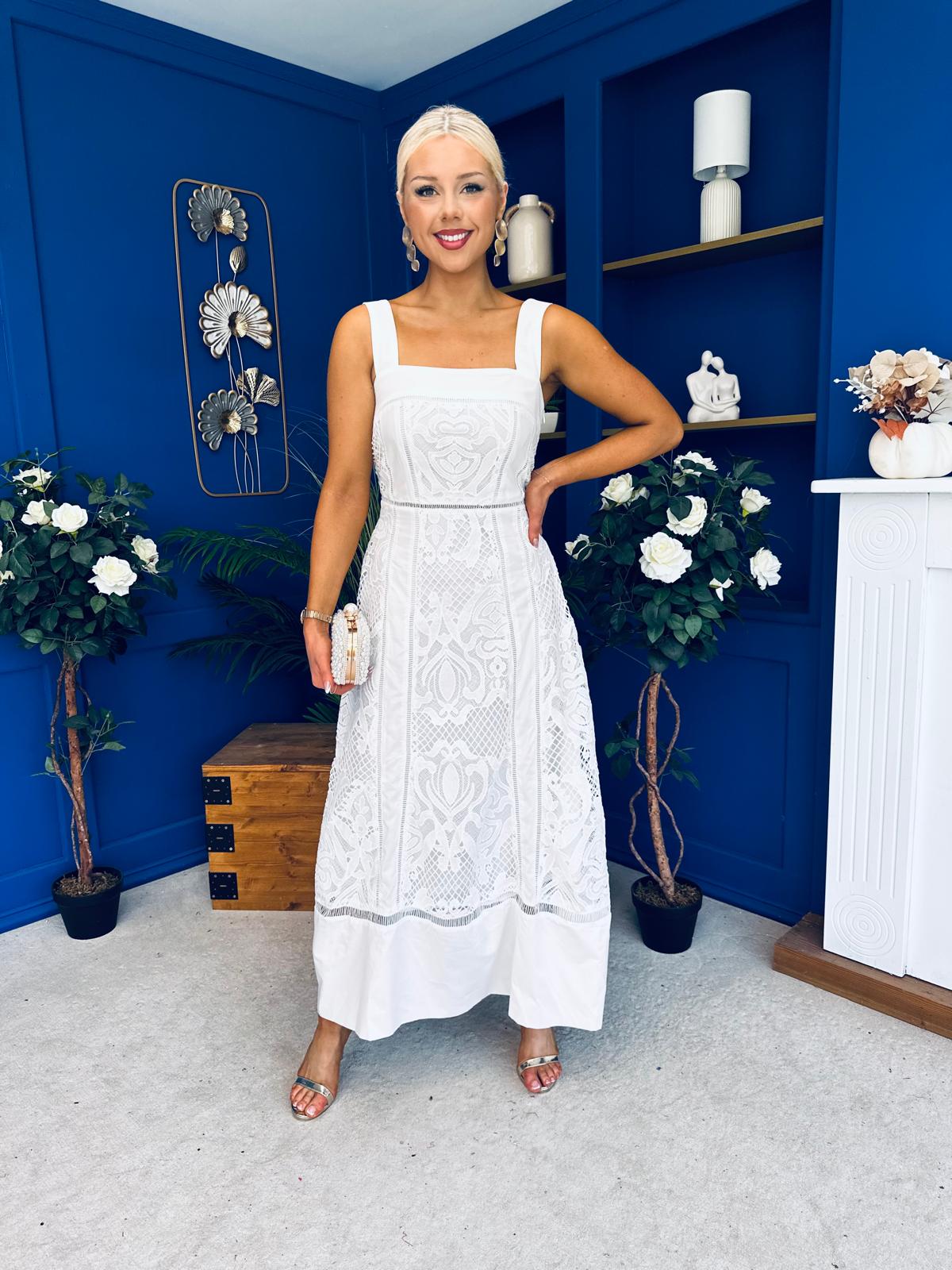 Maeve Crochet Detail Occasion Midi Dress White