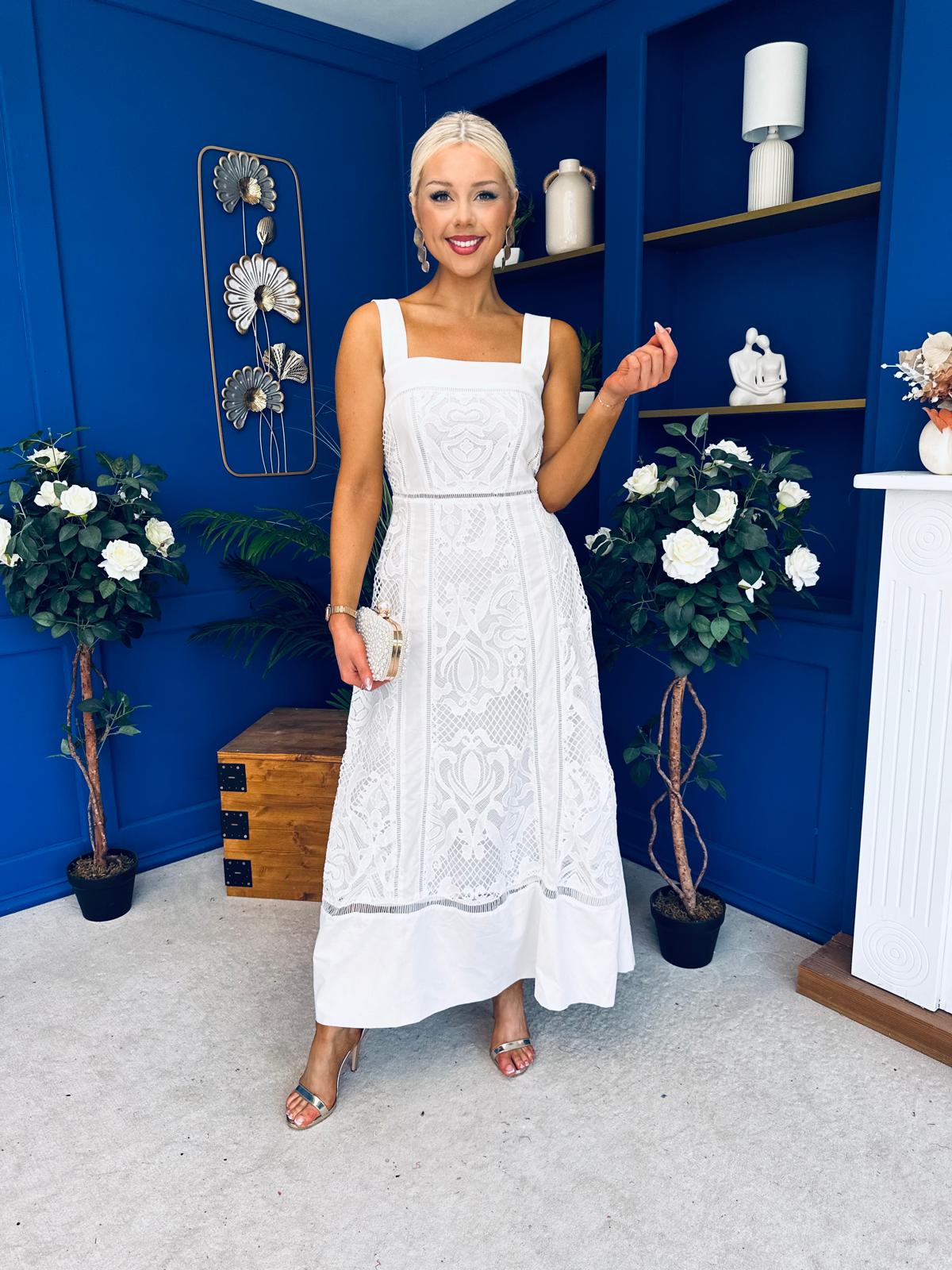 Maeve Crochet Detail Occasion Midi Dress White