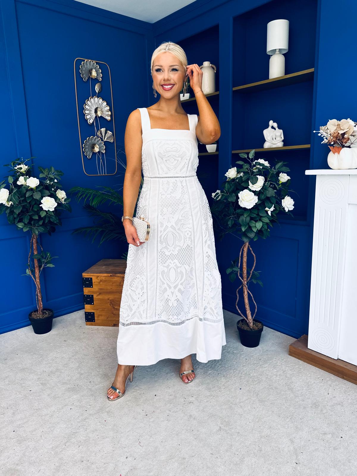 Maeve Crochet Detail Occasion Midi Dress White
