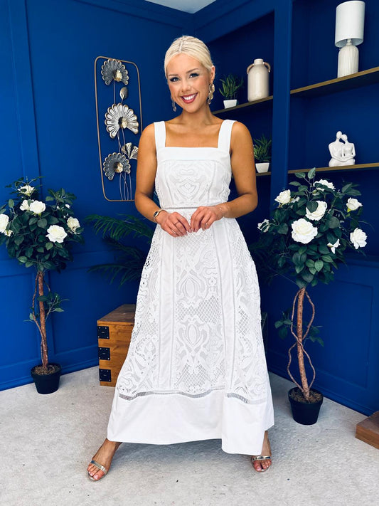 Maeve Crochet Detail Occasion Midi Dress White