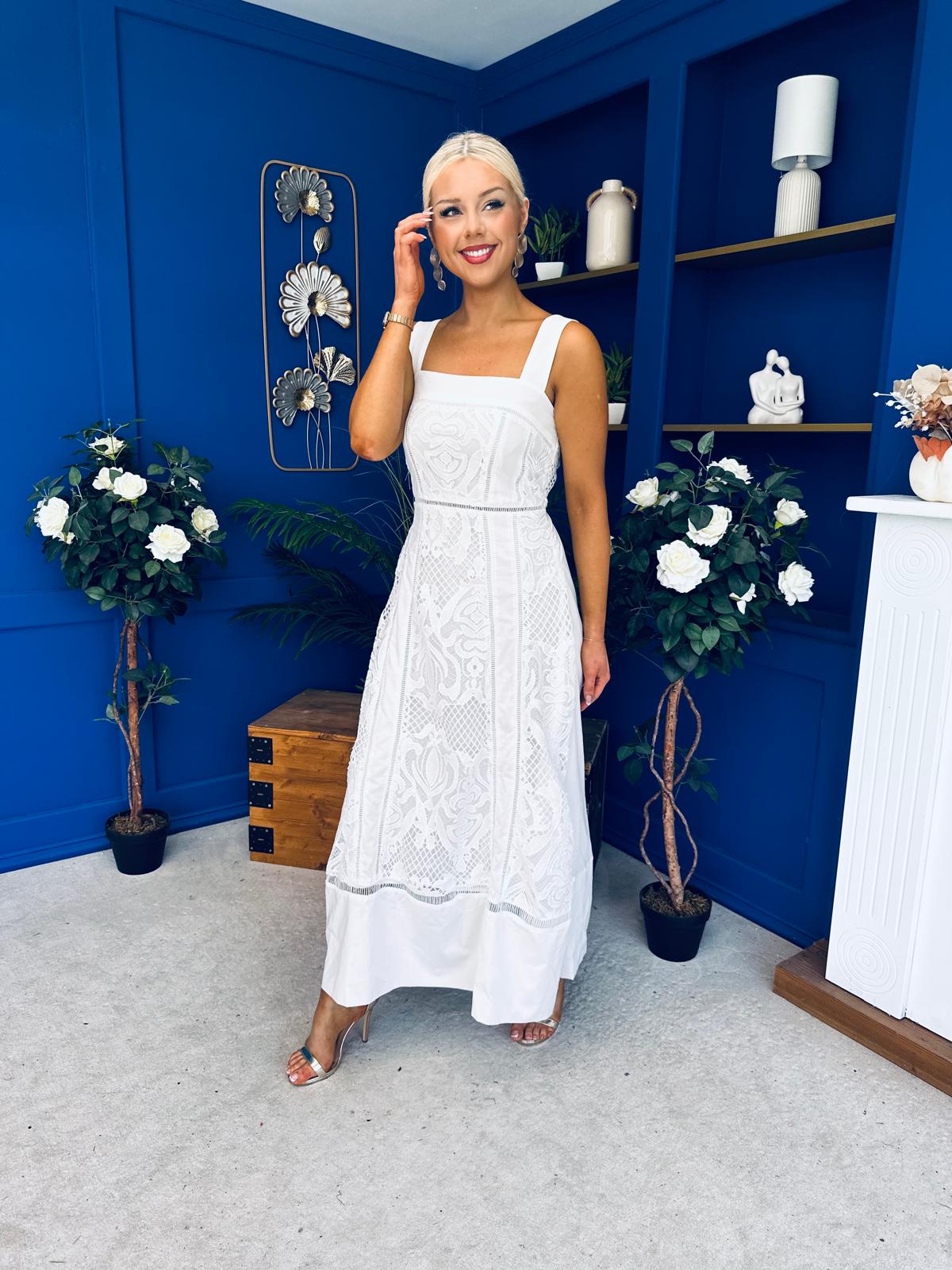 Maeve Crochet Detail Occasion Midi Dress White