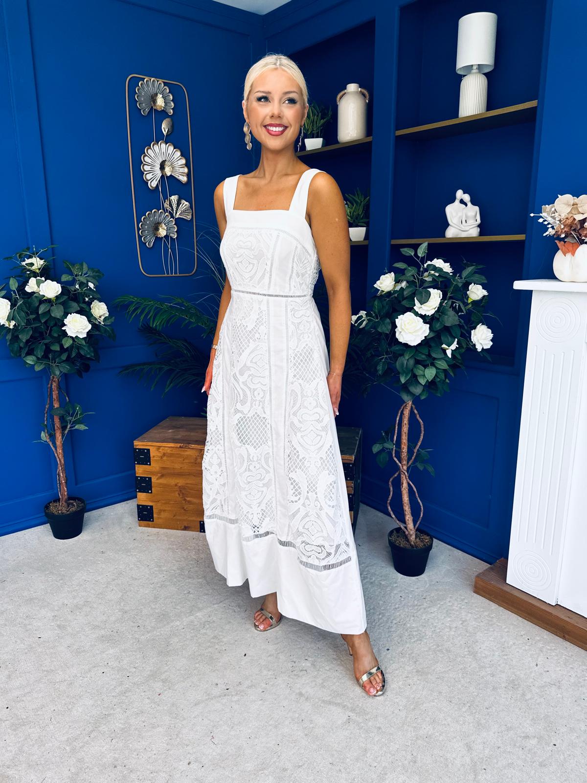 Maeve Crochet Detail Occasion Midi Dress White