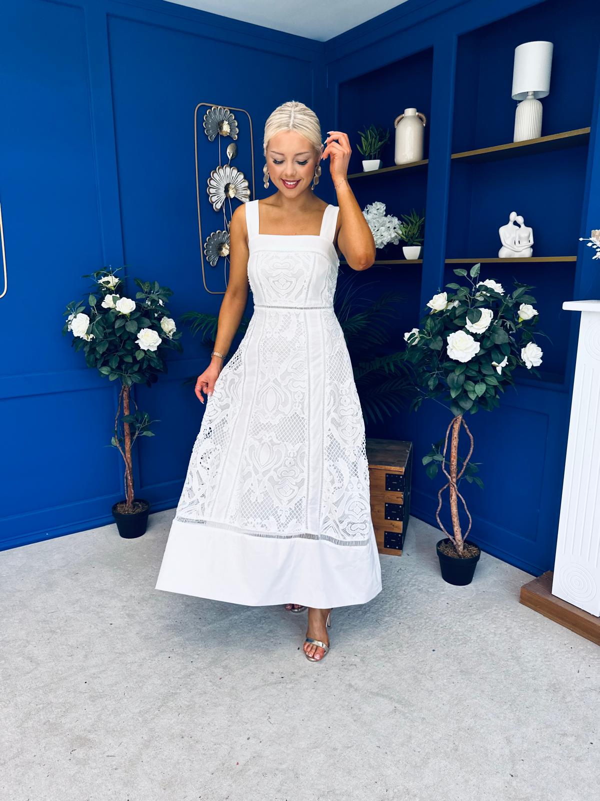 Maeve Crochet Detail Occasion Midi Dress White