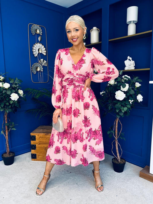 Bronagh Banded Midi Dress Pink Floral