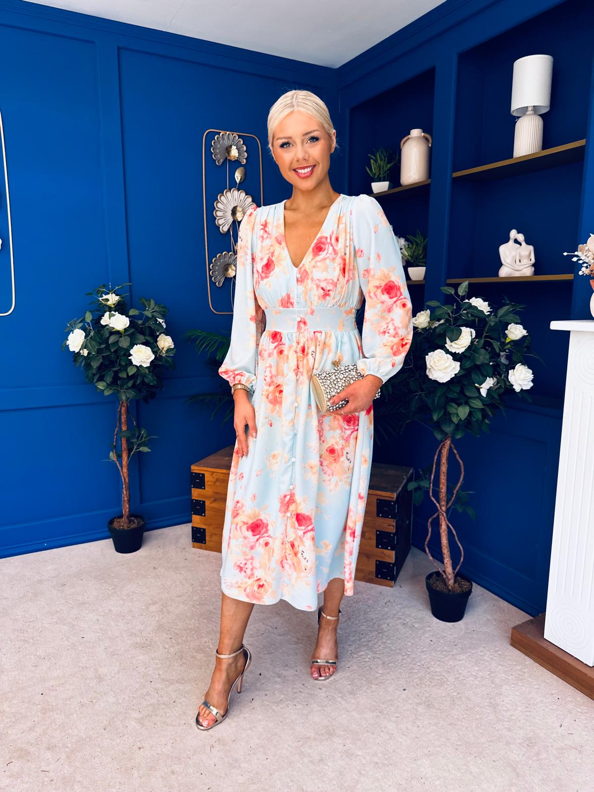 Grainne Button Detail Midi Dress Floral Pastel