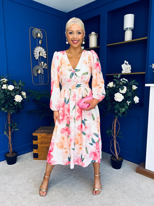 Grainne Button Detail Midi Dress Floral White