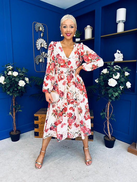 Grainne Button Detail Midi Dress Floral Rose