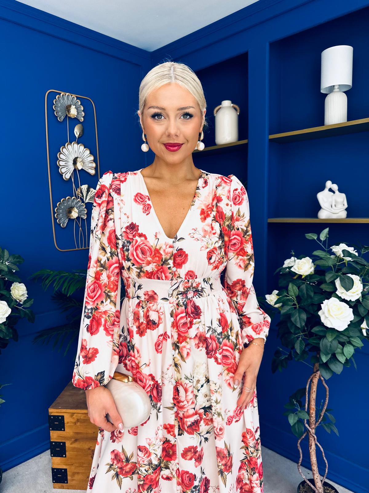 Grainne Button Detail Midi Dress Floral Rose