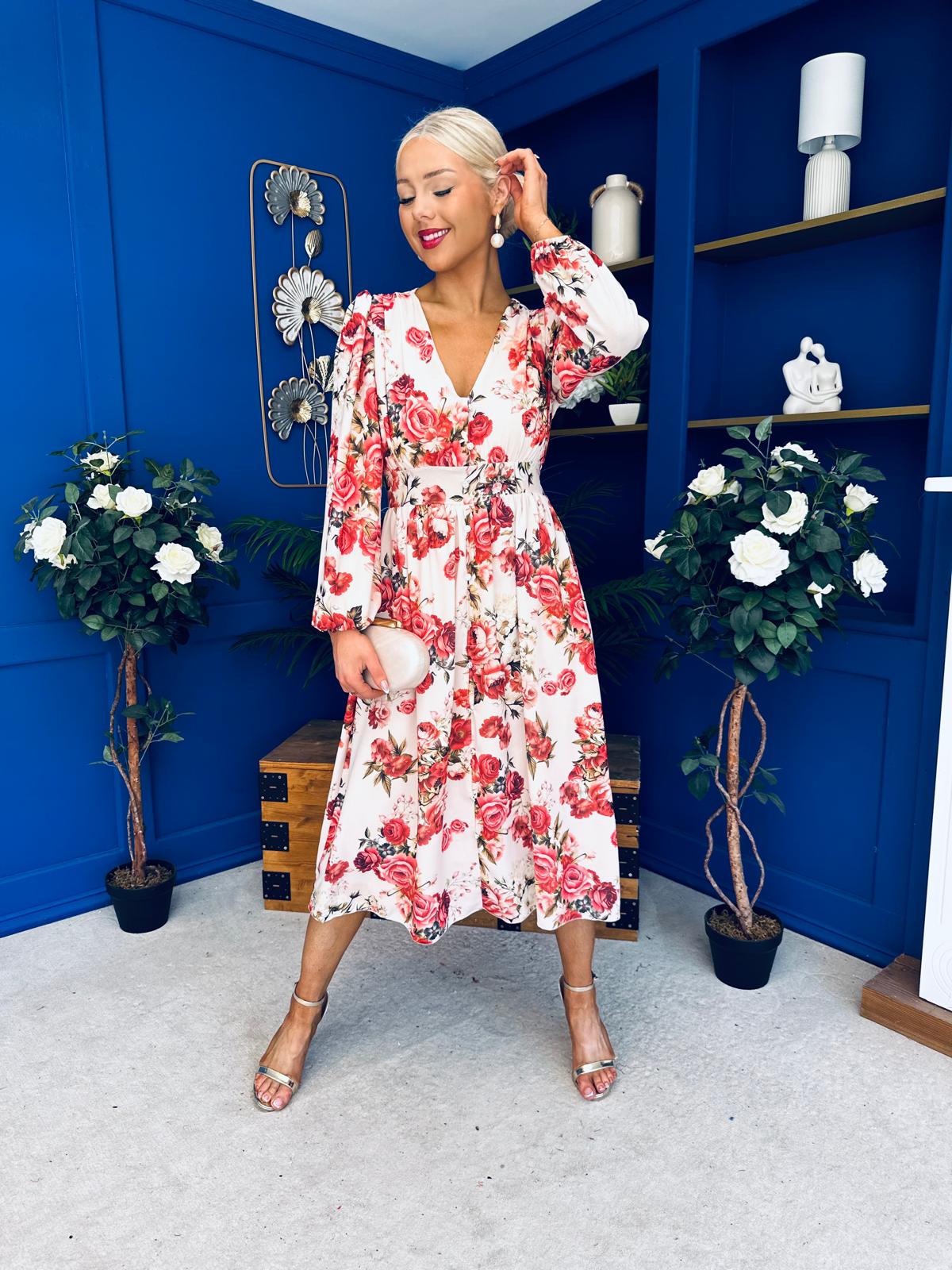 Grainne Button Detail Midi Dress Floral Rose