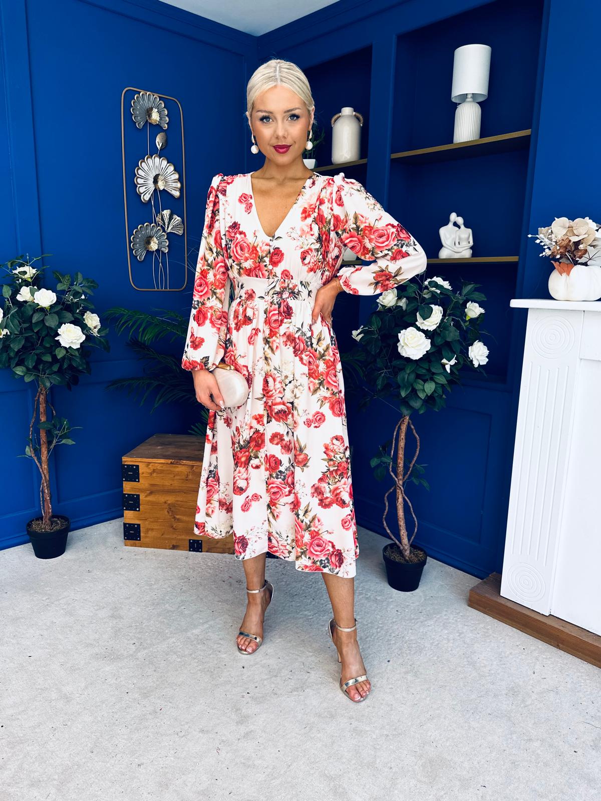 Grainne Button Detail Midi Dress Floral Rose
