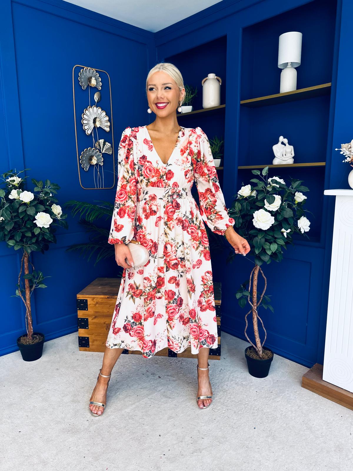 Grainne Button Detail Midi Dress Floral Rose
