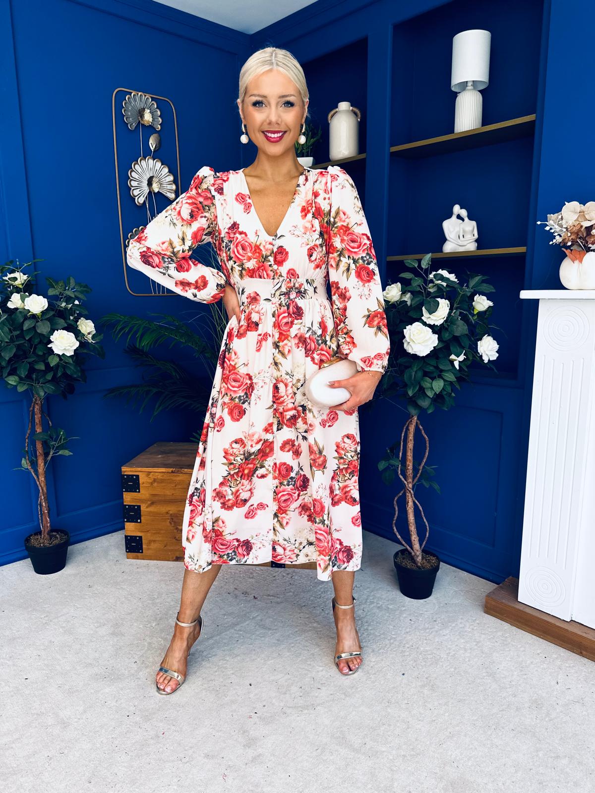 Grainne Button Detail Midi Dress Floral Rose