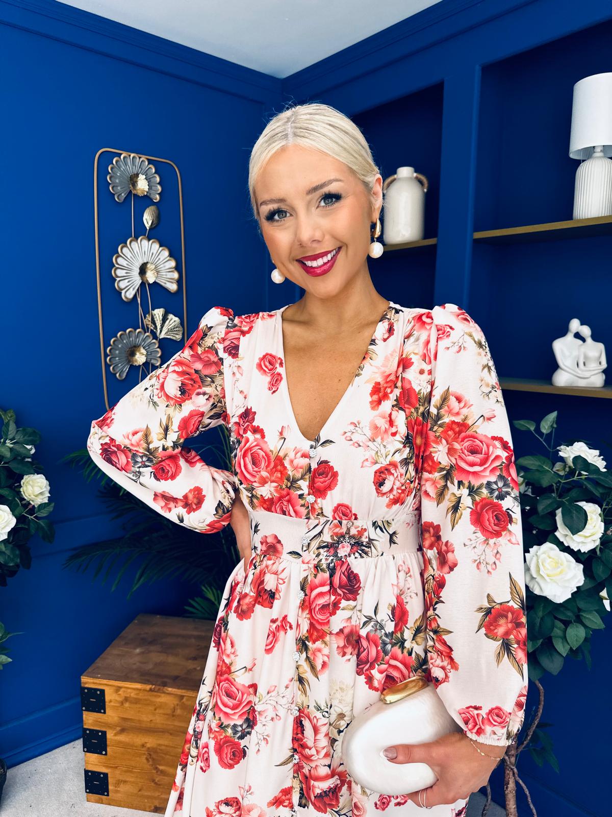 Grainne Button Detail Midi Dress Floral Rose