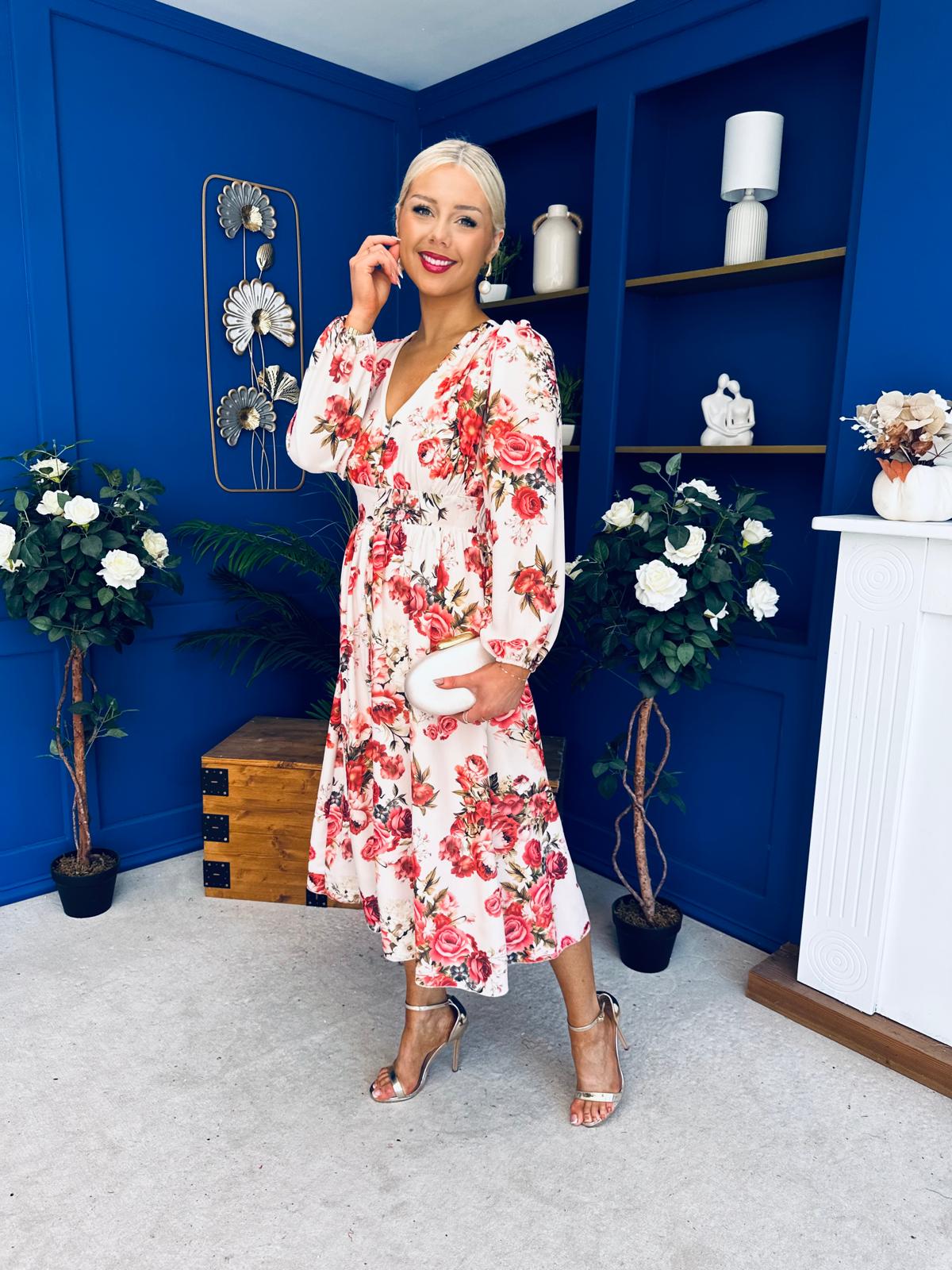 Grainne Button Detail Midi Dress Floral Rose