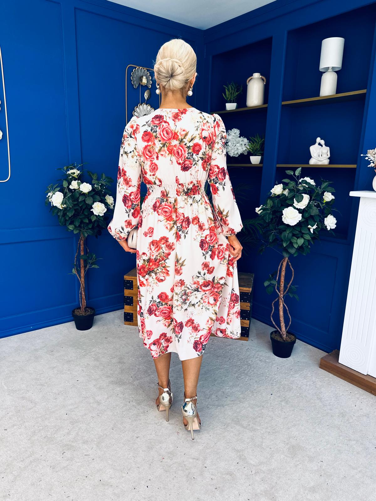 Grainne Button Detail Midi Dress Floral Rose