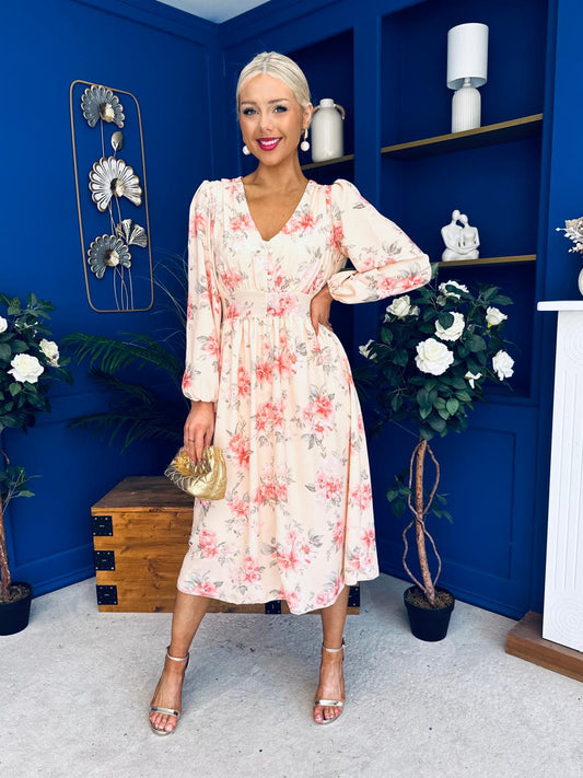 Grainne Button Detail Midi Dress Floral Yellow