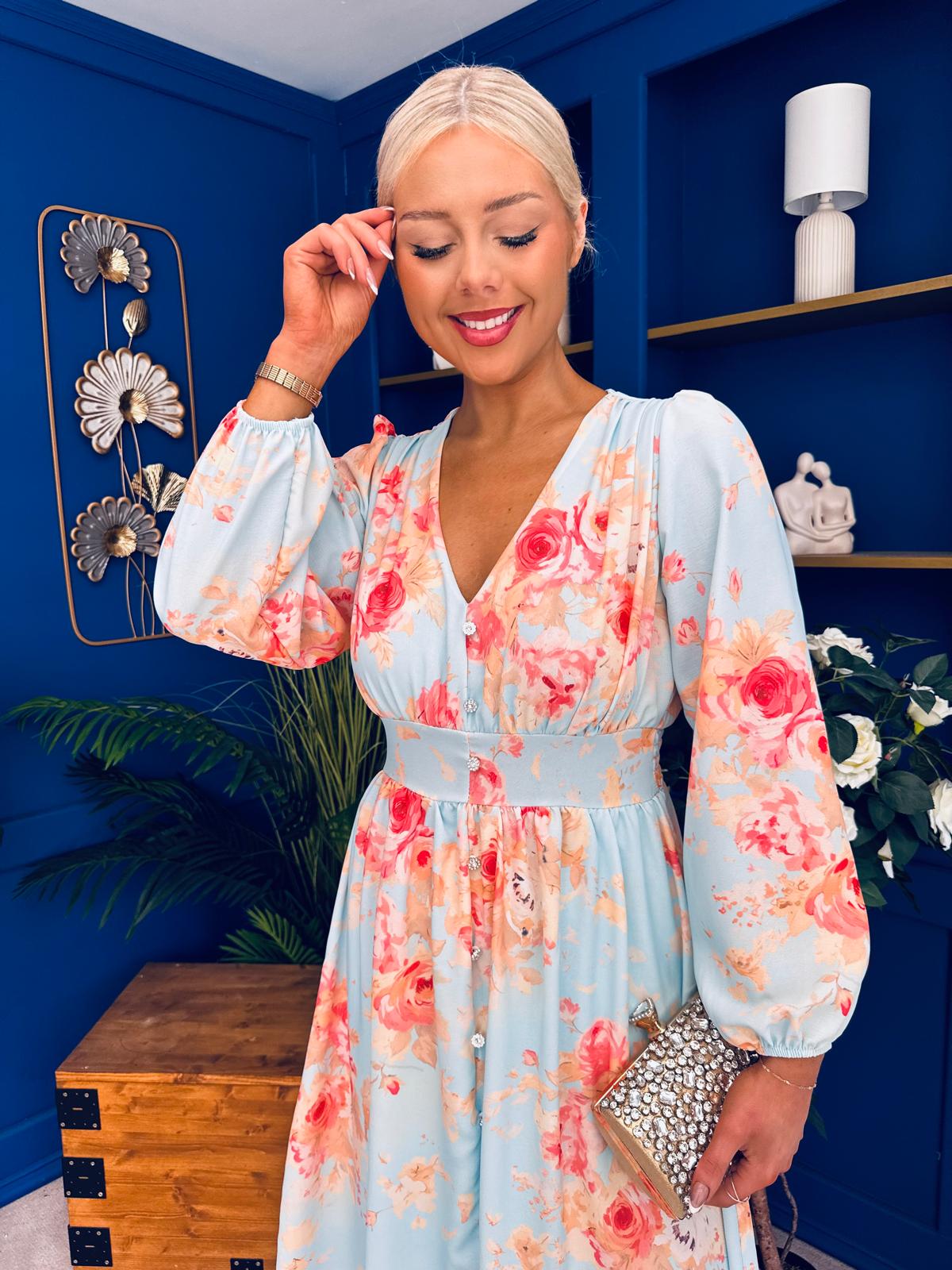 Grainne Button Detail Midi Dress Floral Pastel